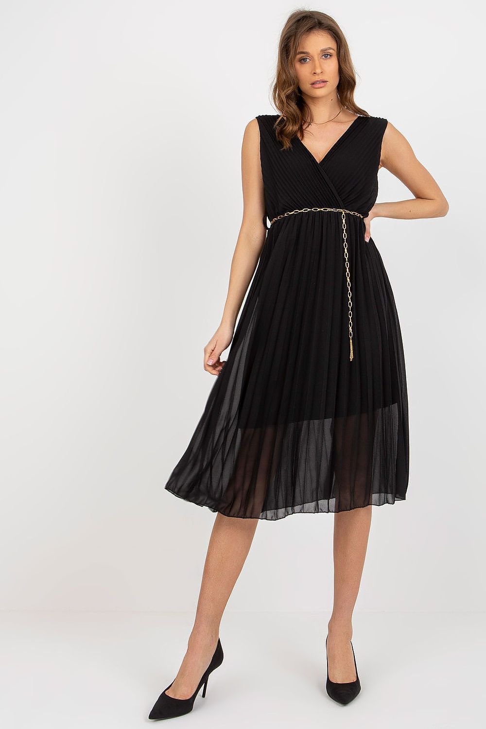 Pleated sleeveless V-neck cocktail dress