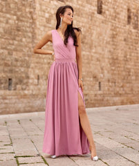 Long brocade maxi evening dress with a tie at the back