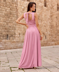 Long brocade maxi evening dress with a tie at the back