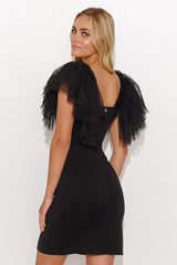 Stunning open back fitted black mini evening dress