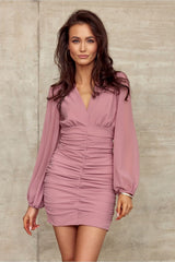 Long sleeves V-neck short evening dress