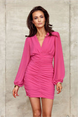 Long sleeves V-neck short evening dress