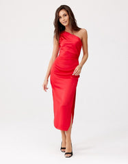 One-shoulder midi subtle slit evening dress