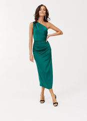 One-shoulder midi subtle slit evening dress