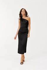 One-shoulder midi subtle slit evening dress