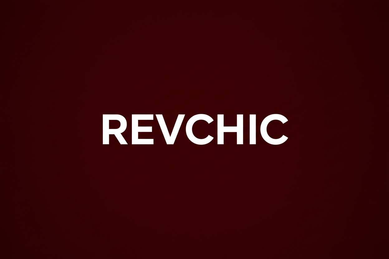 Dark Red background in Center REVCHIC white fonts