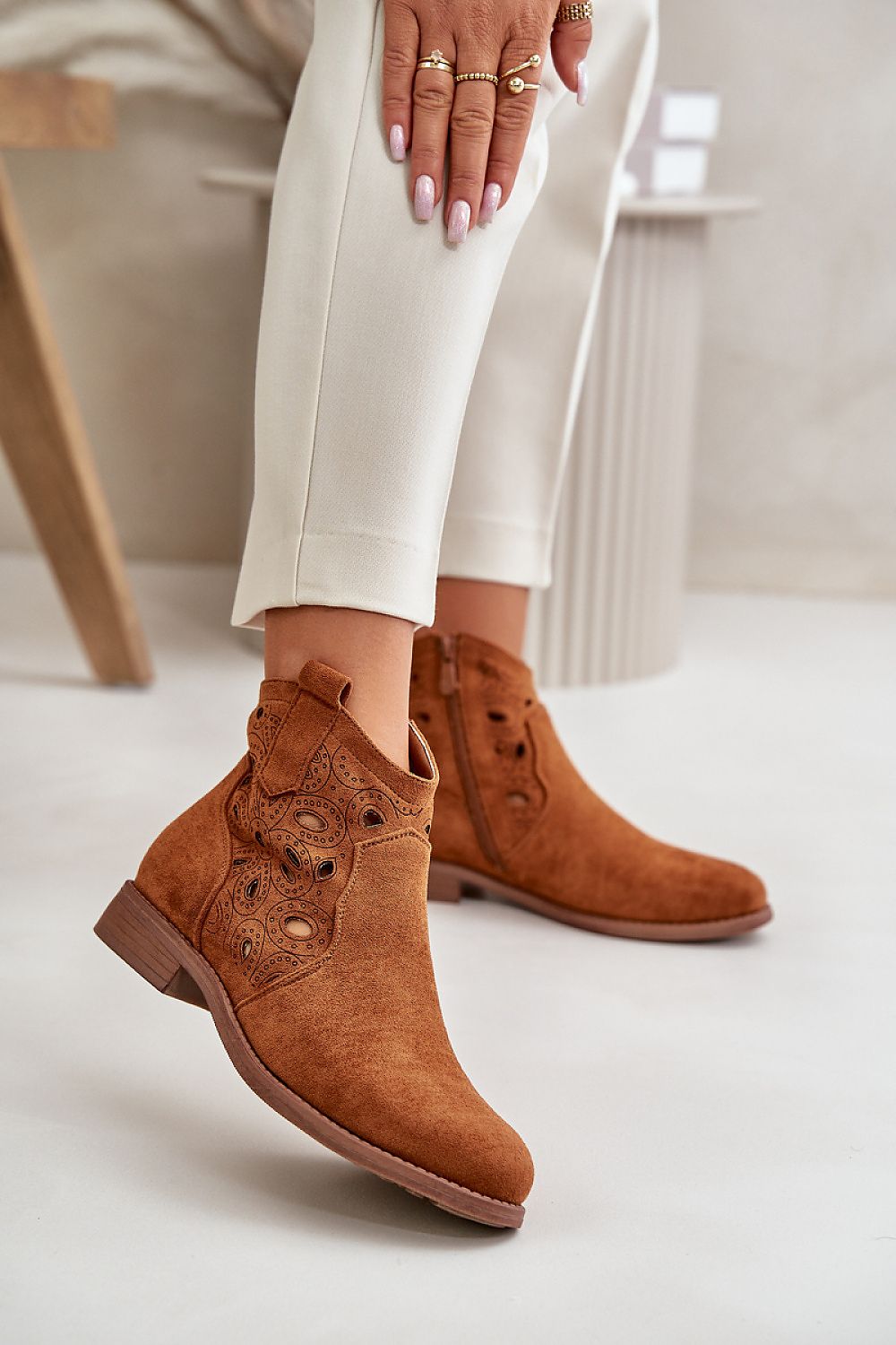 Lattice upper flat heel ankle boots