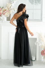 One shoulder breathable mesh long evening dress