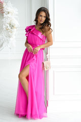 One shoulder breathable mesh long evening dress