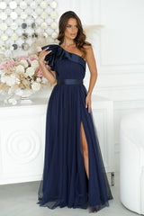 One shoulder breathable mesh long evening dress