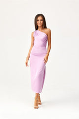 One shoulder subtle slit midi evening dress