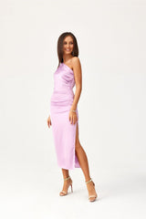 One shoulder subtle slit midi evening dress