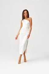 One shoulder subtle slit midi evening dress