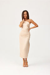 One shoulder subtle slit midi evening dress