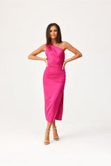 One shoulder subtle slit midi evening dress