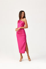 One shoulder subtle slit midi evening dress