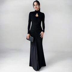 Women High Collar Cutout Pleated Long Sleeve Dress