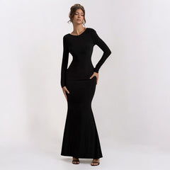 Women Backless Bow Long Sleeve Narrow Maxi Formal Dress