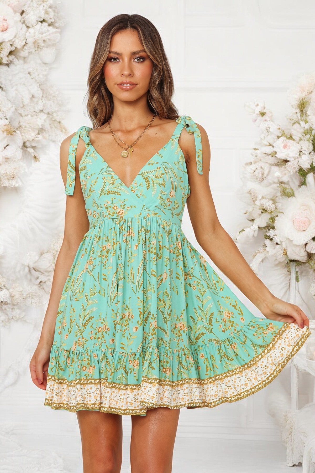 Summer Rayon V Neck Backless Bohemian Vacation Cami Dress