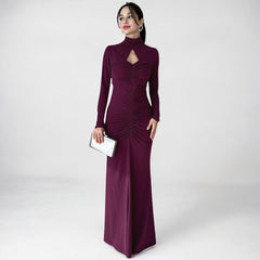 Women High Collar Cutout Pleated Long Sleeve Dress