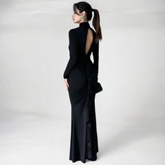 Women High Collar Cutout Pleated Long Sleeve Dress