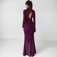 Women High Collar Cutout Pleated Long Sleeve Dress