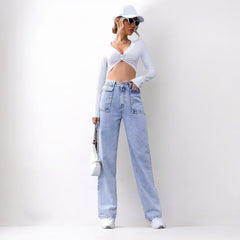 Women Straight Pocket High Waist Denim Jeans