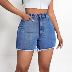 High Waist Loose Raw Edge Denim Shorts