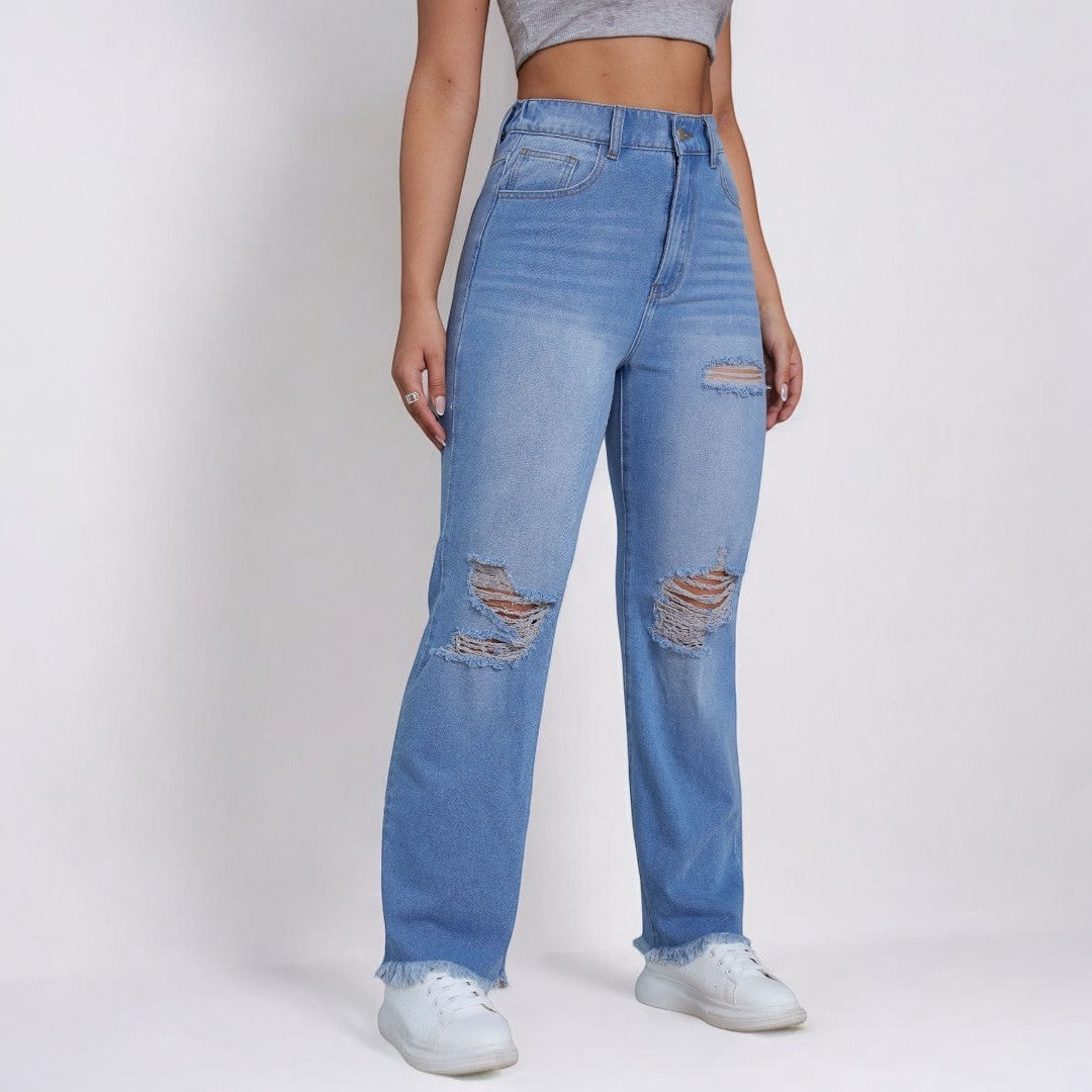 Long High Waist Ripped Straight Leg Jeans