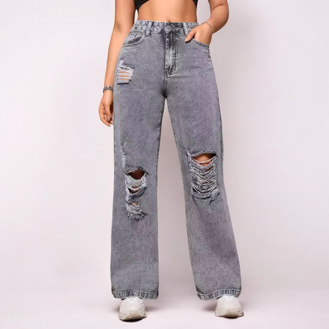 Women Straight Leg Denim Washed Jeans