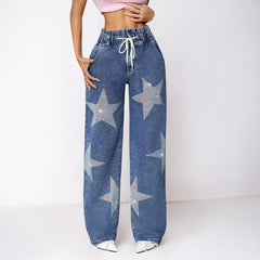 Five Pointed Star Embroidered Wide Leg Jeans