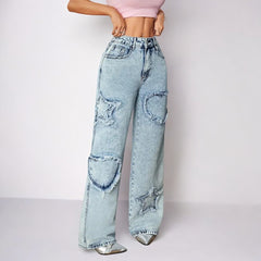 Retro Street Pointed Star Embroidery Baggy Jeans