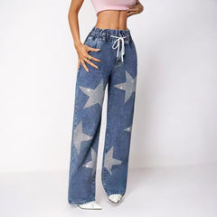 Five Pointed Star Embroidered Wide Leg Jeans