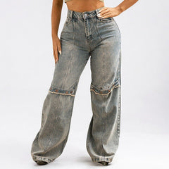 Women Washed Worn Straight Jeans