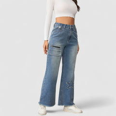 Women High Waist Loose Wide Leg Thin Brushed Jeans