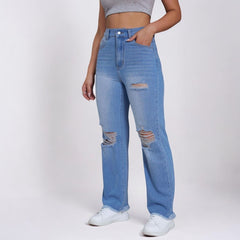 Long High Waist Ripped Straight Leg Jeans