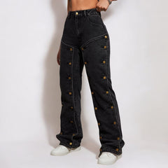 Multi Button Stitching Straight Cargo Jeans