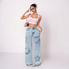 Retro Street Pointed Star Embroidery Baggy Jeans