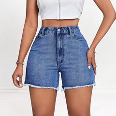 High Waist Loose Raw Edge Denim Shorts