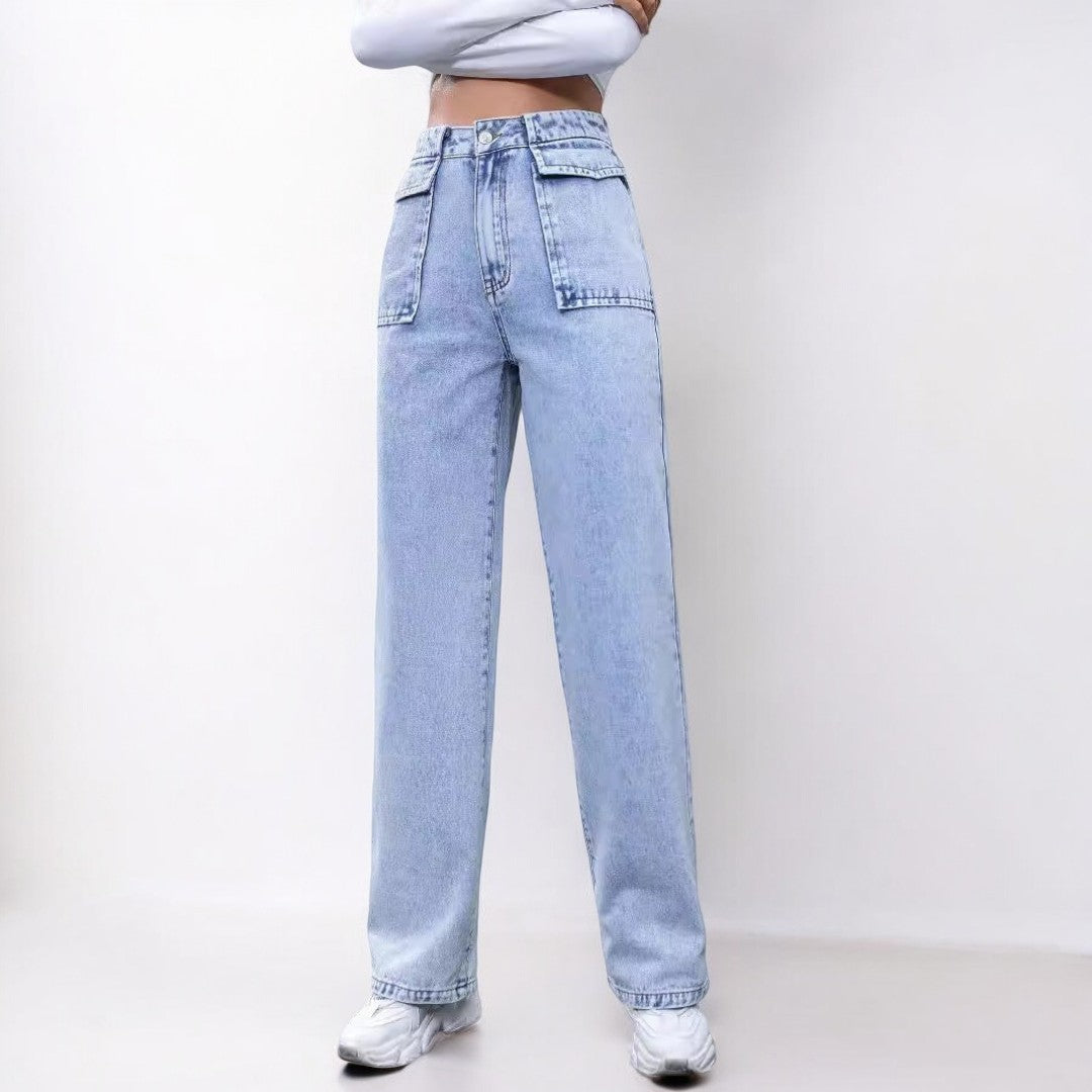 Women Straight Pocket High Waist Denim Jeans