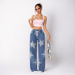 Five Pointed Star Embroidered Wide Leg Jeans