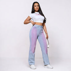 Women High Waist Dyed Straight Jeans