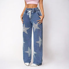 Five Pointed Star Embroidered Wide Leg Jeans