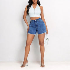 High Waist Loose Raw Edge Denim Shorts