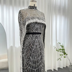 Luxury Pearls Champagne Mermaid Wedding Evening Dress with Cape