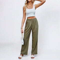 Loose Silk Pleated Elastic High Waist Wide Leg Pants