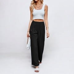 Loose Silk Pleated Elastic High Waist Wide Leg Pants