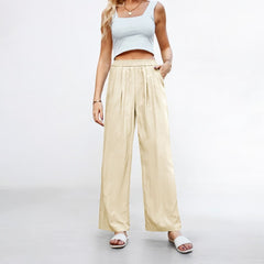 Loose Silk Pleated Elastic High Waist Wide Leg Pants