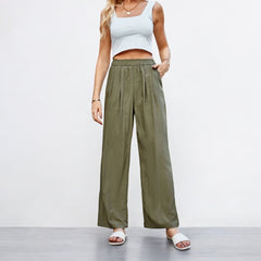 Loose Silk Pleated Elastic High Waist Wide Leg Pants