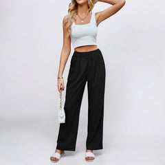 Loose Silk Pleated Elastic High Waist Wide Leg Pants